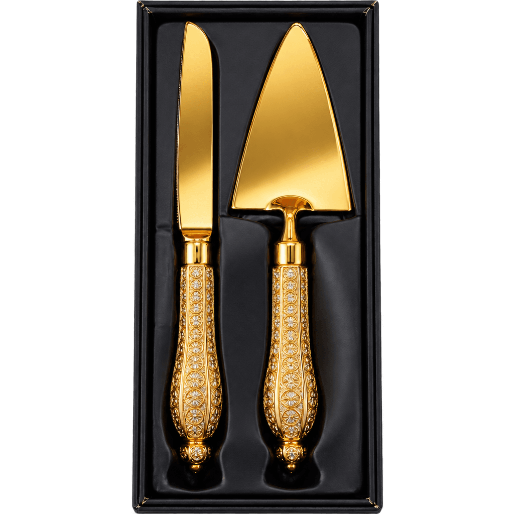 GOLDEN METAL CAKE KNIFE AND SERVING SPOON SET V1